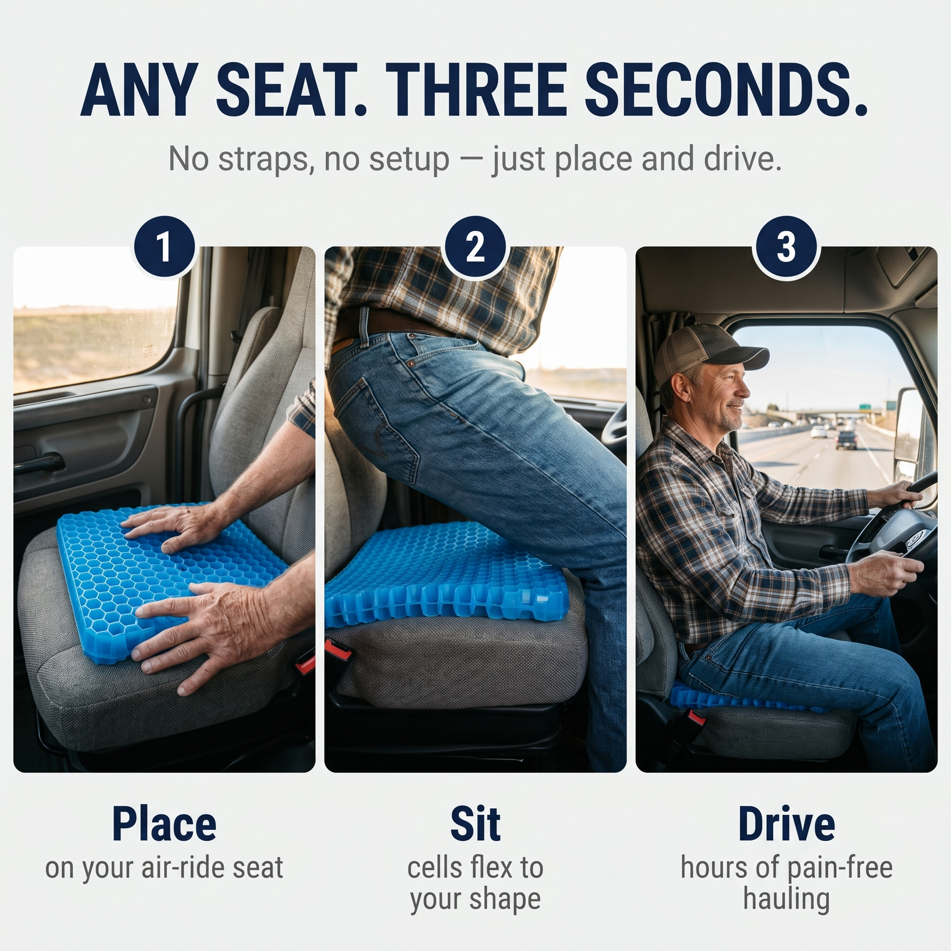 How to use CellGel+ in a truck: place on your seat, sit, drive pain-free