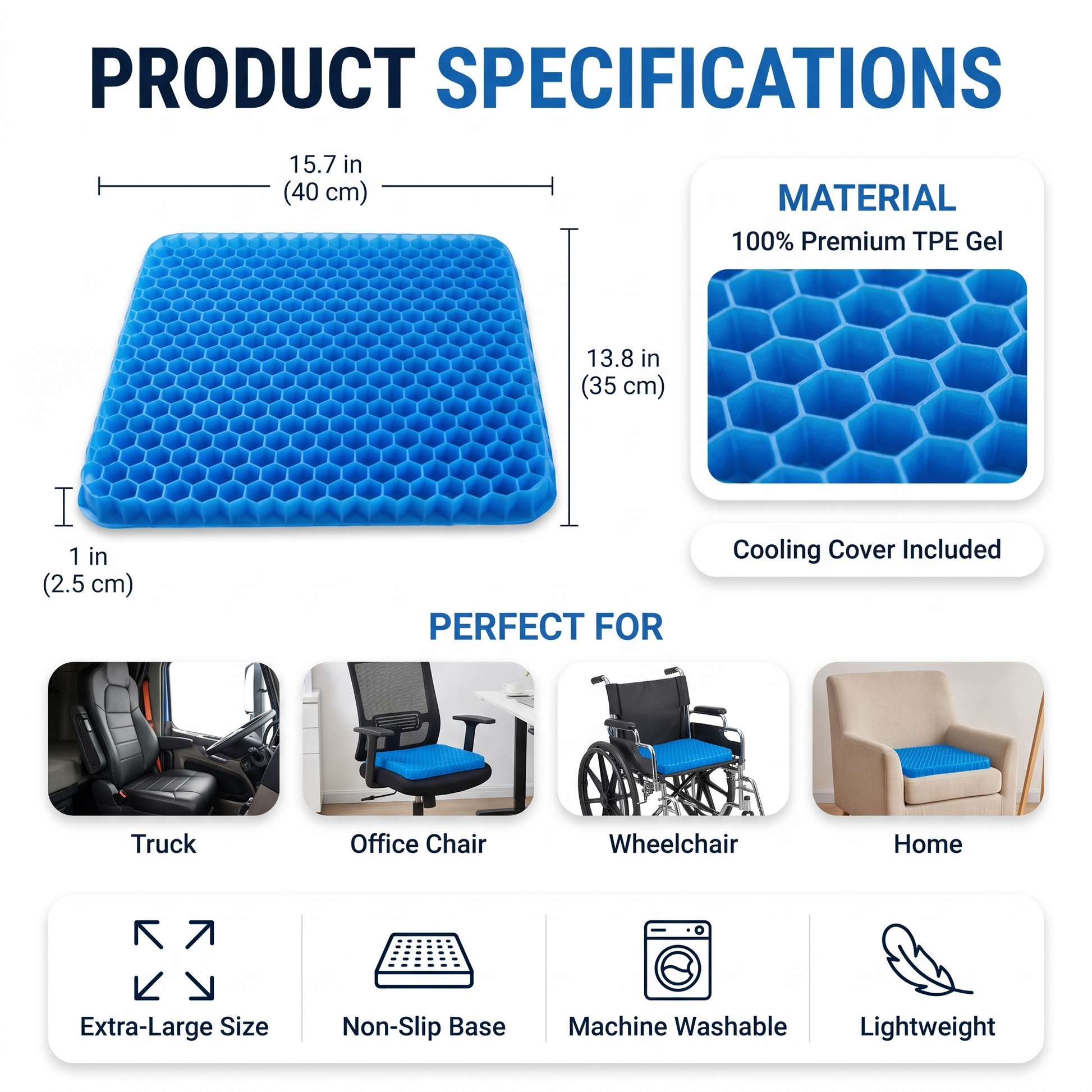 CellGel+ product specifications: 15.7 x 13.8 x 1 in (40 x 35 x 2.5 cm), TPE gel, cooling cover included